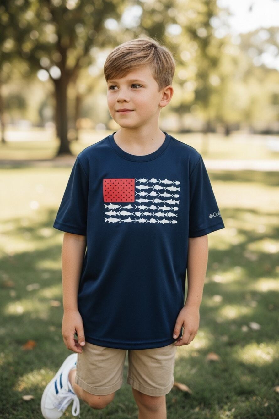 Columbia Boys PFG Fish Flag Performance Shirt Navy Blue Short Sleeve Size 8